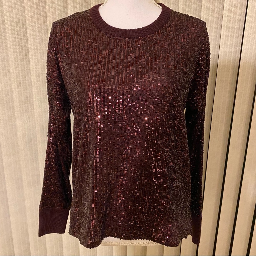 Calvin Klein Sequin Front Knit Long Sleeve Crewneck Sweater Top - Purple